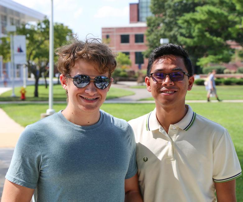 two students participating in the new student launch day